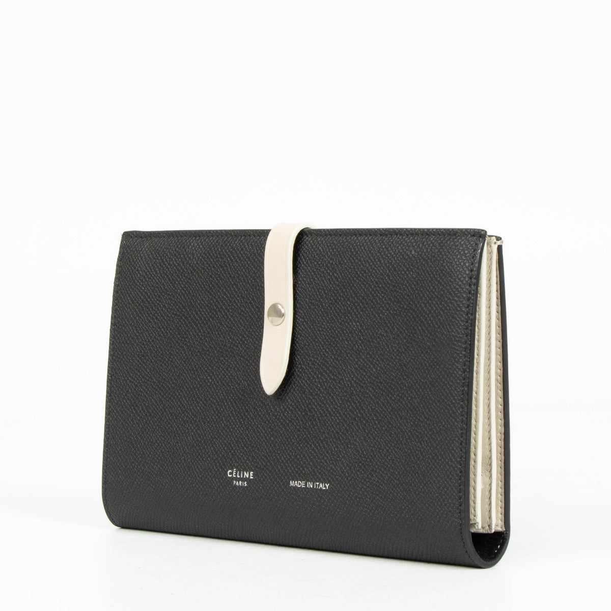 Portefeuille Céline à deux volets en cuir noir avec dragonne