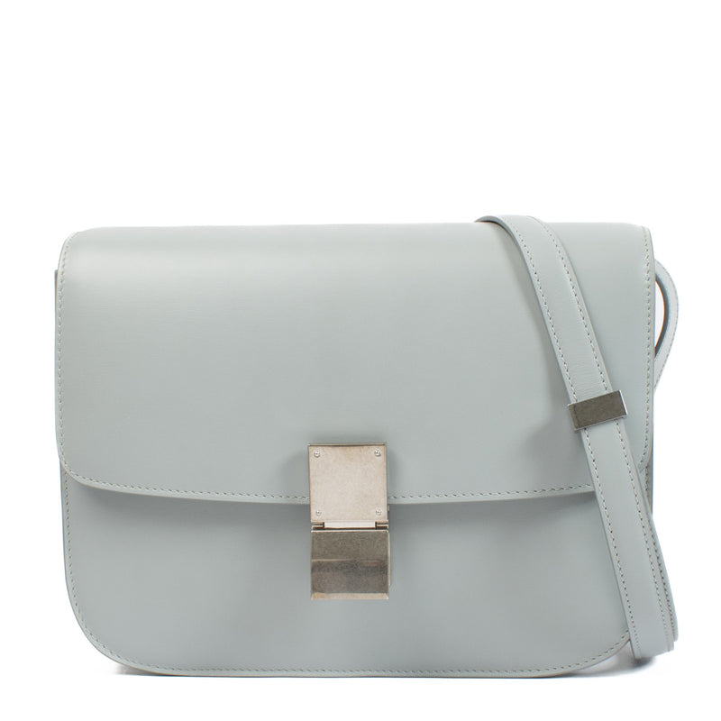 Come and shop the Celine Grey Shiny Calfskin Classic Box Bag at Labellov shop in antwerp or Knokke.