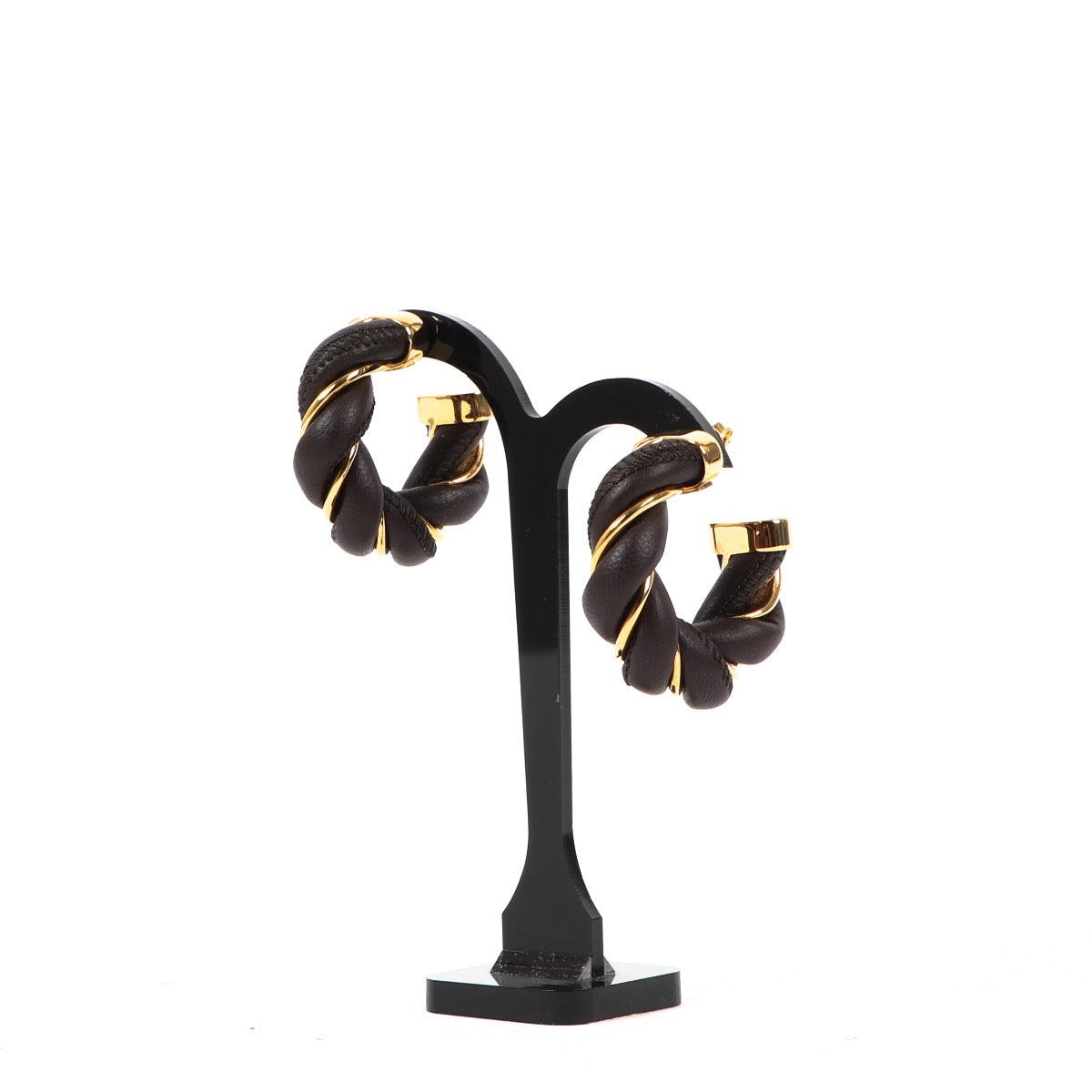 Shop safe online at Labellov in Antwerp these 100% authentic second hand Bottega Veneta Gold and Brown Leather Hoop Earrings