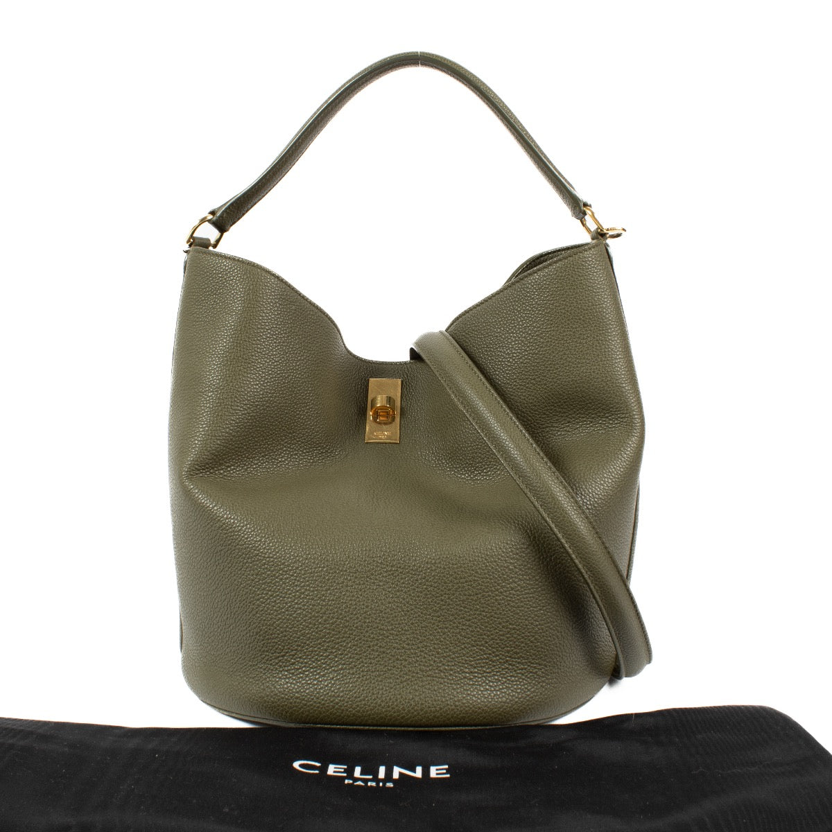 Shop safe online at Labellov in Antwerp, Brussels and Knokke this 100% authentic second hand Celine Kaki 16 Bucket Bag. Veilig online tweedehands authentieke Celine Kaki 16 Bucket Bag handtas kopen bij Labellov.