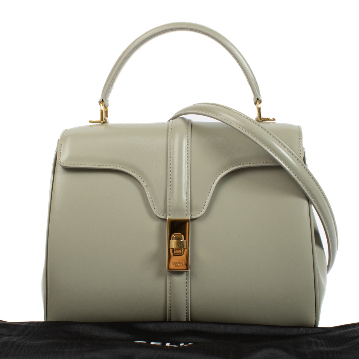 Celine Green Satinated Calfskin Small 16 Bag with gold-tone hardware, top handle, and detachable shoulder strap. Shop now at Labellov.