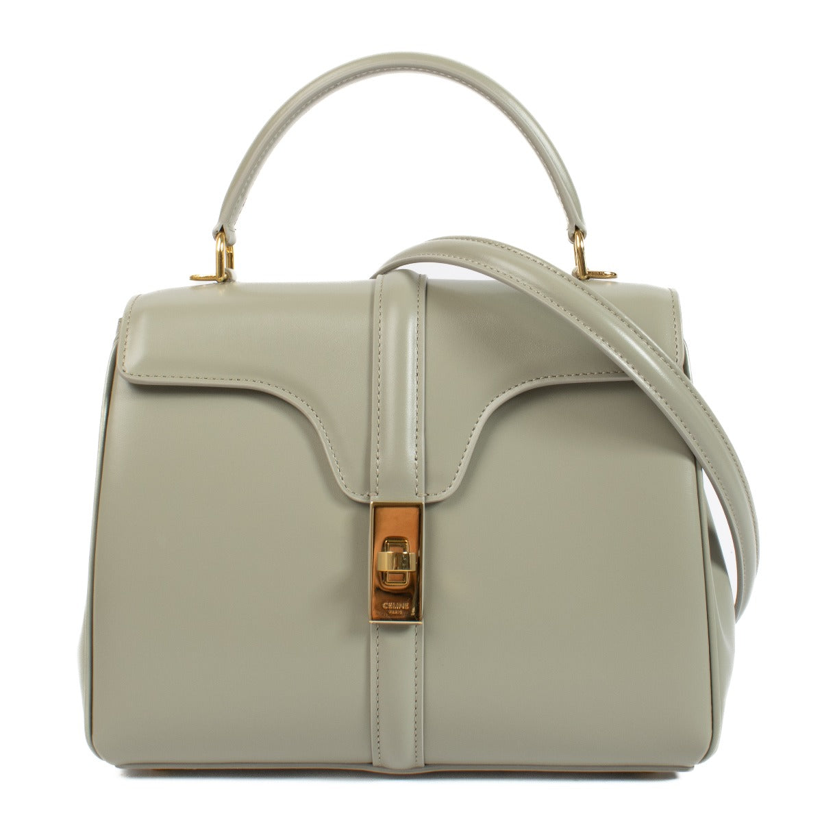 Celine Green Satinated Calfskin Small 16 Bag with gold-tone hardware, top handle, and detachable shoulder strap. Shop now at Labellov.