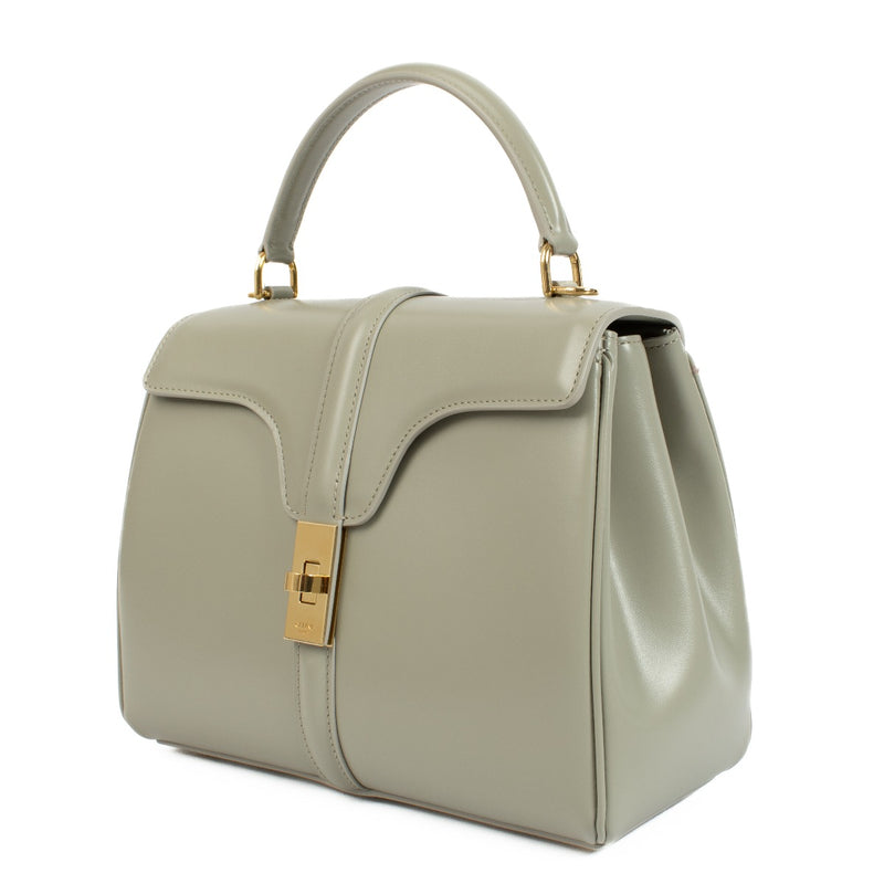 Celine Green Satinated Calfskin Small 16 Bag with gold-tone hardware, top handle, and detachable shoulder strap. Shop now at Labellov.