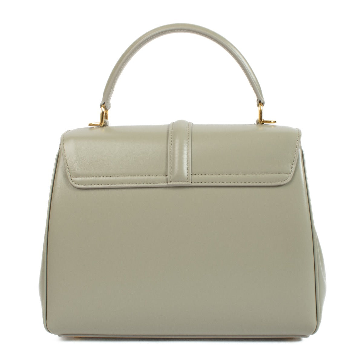 Celine Green Satinated Calfskin Small 16 Bag with gold-tone hardware, top handle, and detachable shoulder strap. Shop now at Labellov.