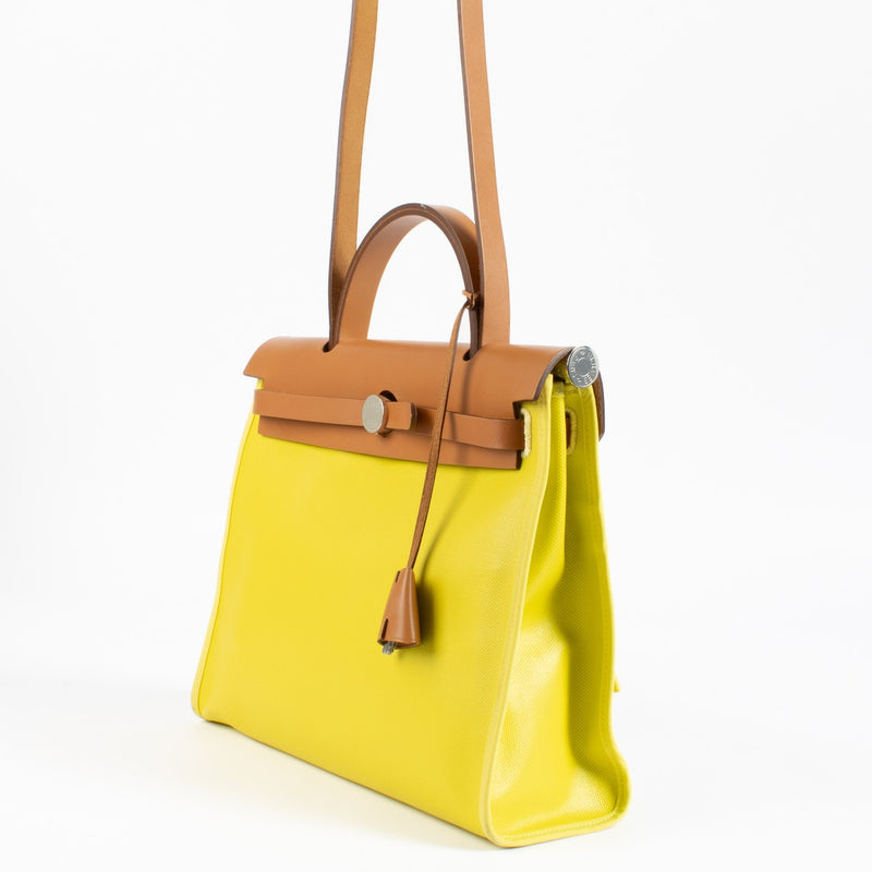 Hermès Herbag Zip 31 Lime/Naturel Sable Toile Berline/Hunter Palladium Hardware