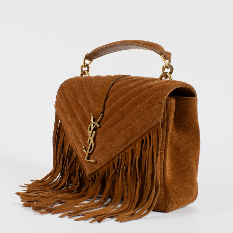 Saint Laurent Kaneel Suede Franje Medium College Tas