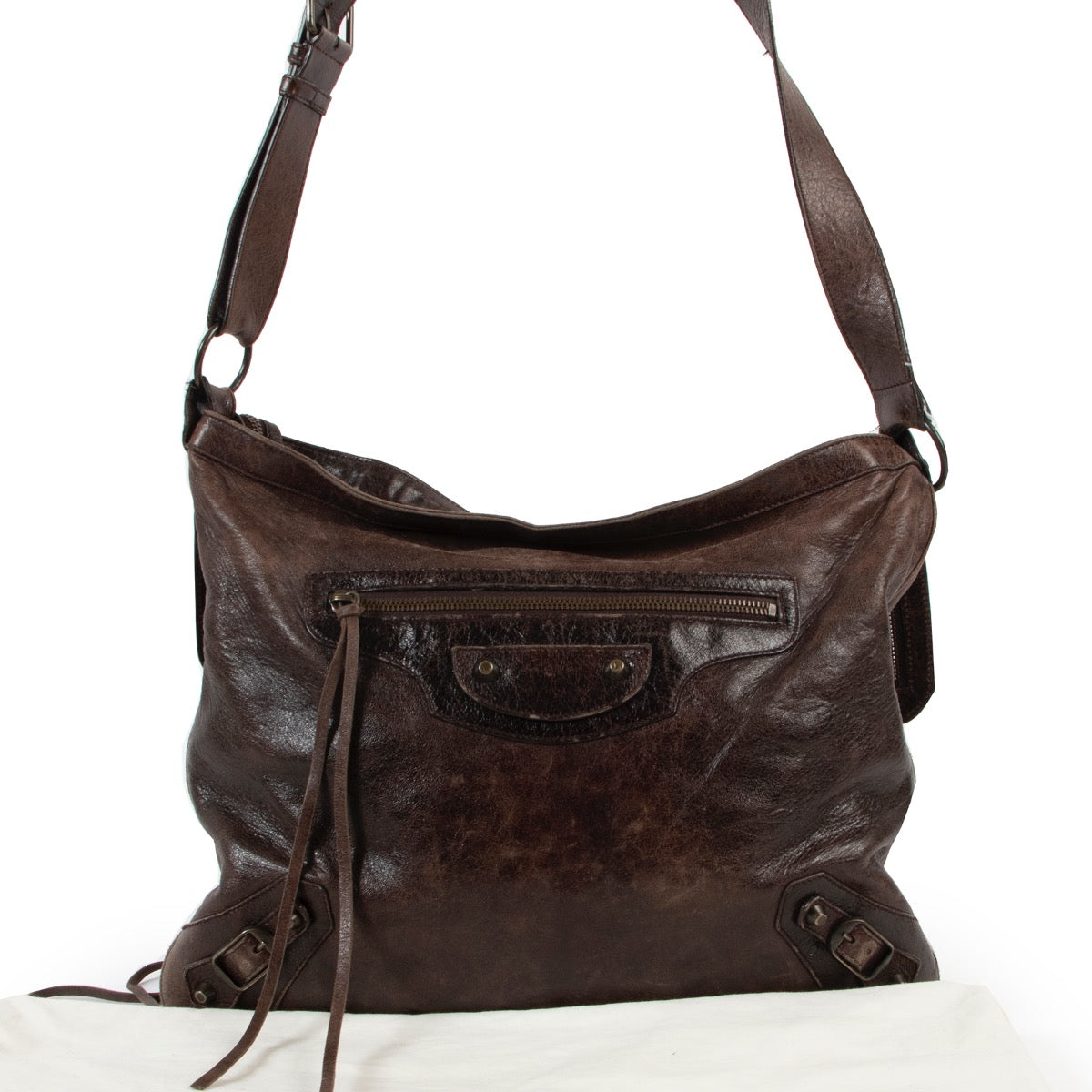 Shop safe online at Labellov in Antwerp this 100% authentic second hand Balenciaga Brown Flat Messenger Crossbody Bag
