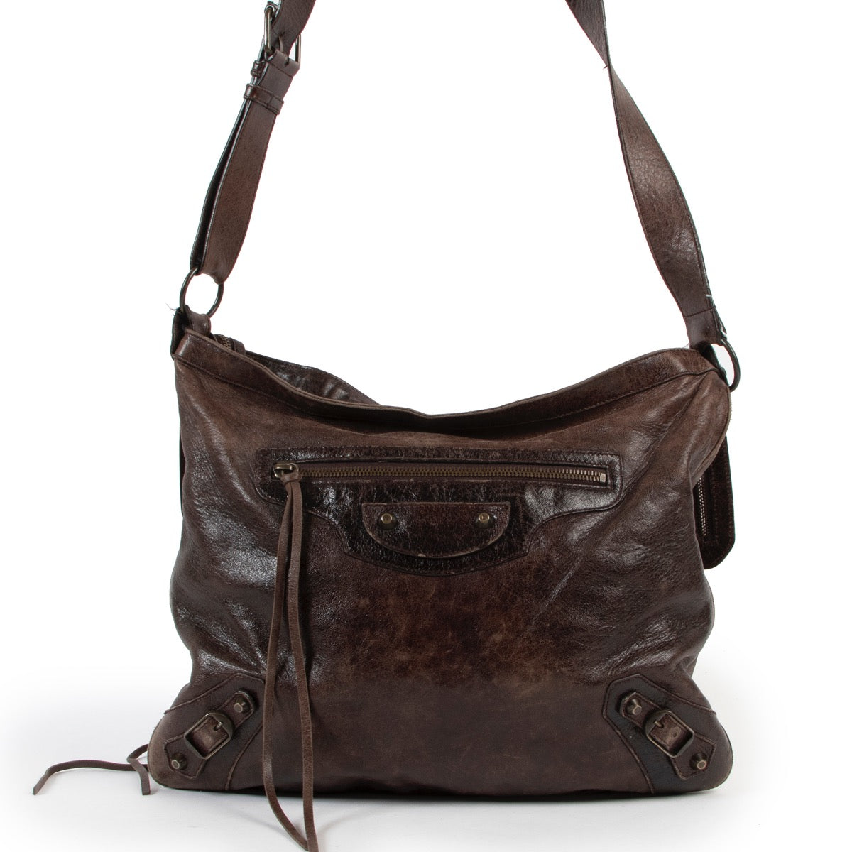 Shop safe online at Labellov in Antwerp this 100% authentic second hand Balenciaga Brown Flat Messenger Crossbody Bag