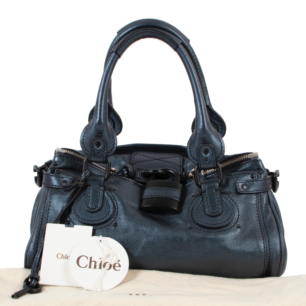 Shop safe online at Labellov in Antwerp this 100% authentic second hand Chloé Blue Nuit Paddington Padlock Top Handle