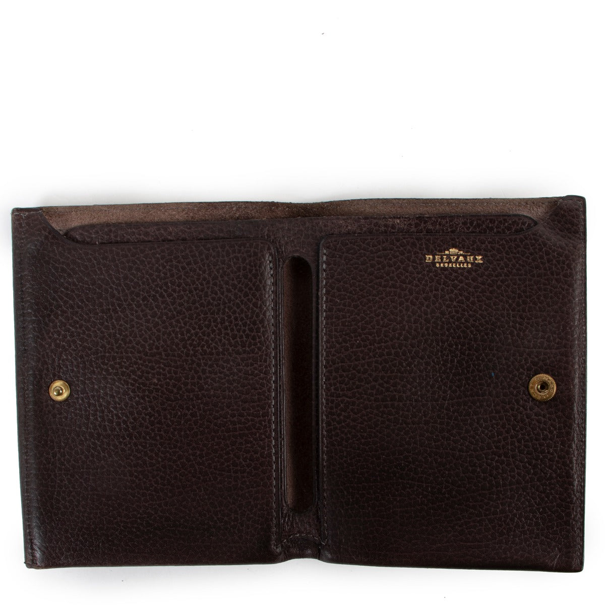 Shop vintage designer luxury second hand Delvaux Brown Leather Denise Compact Wallet at Labellov