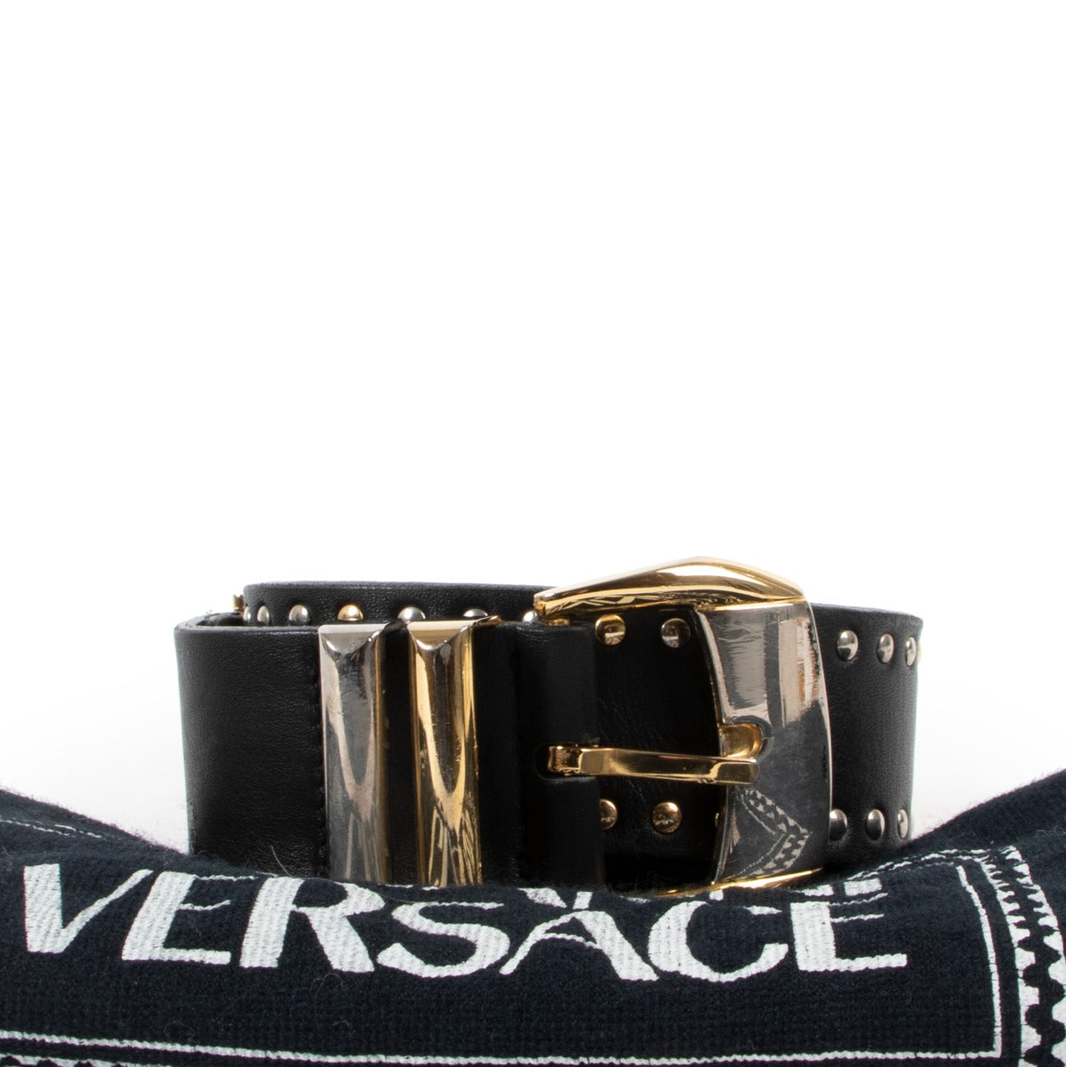 Shop authentic second hand designer luxury fashion Gianni Versace Vintage Medusa Stud Leather Belt - Size 80 at Labellov.