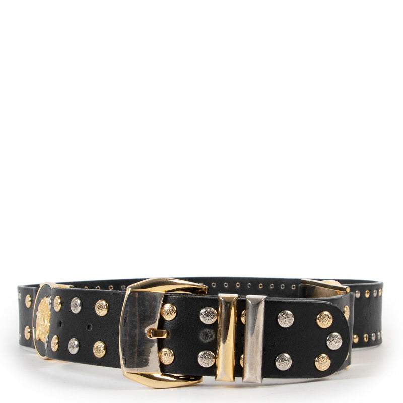 Shop authentic second hand designer luxury fashion Gianni Versace Vintage Medusa Stud Leather Belt - Size 80 at Labellov.