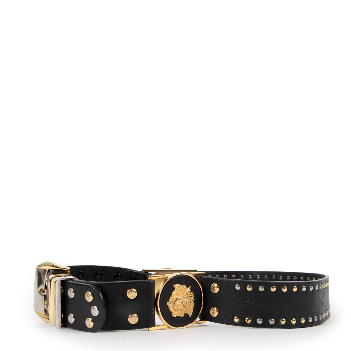 Shop authentic second hand designer luxury fashion Gianni Versace Vintage Medusa Stud Leather Belt - Size 80 at Labellov.