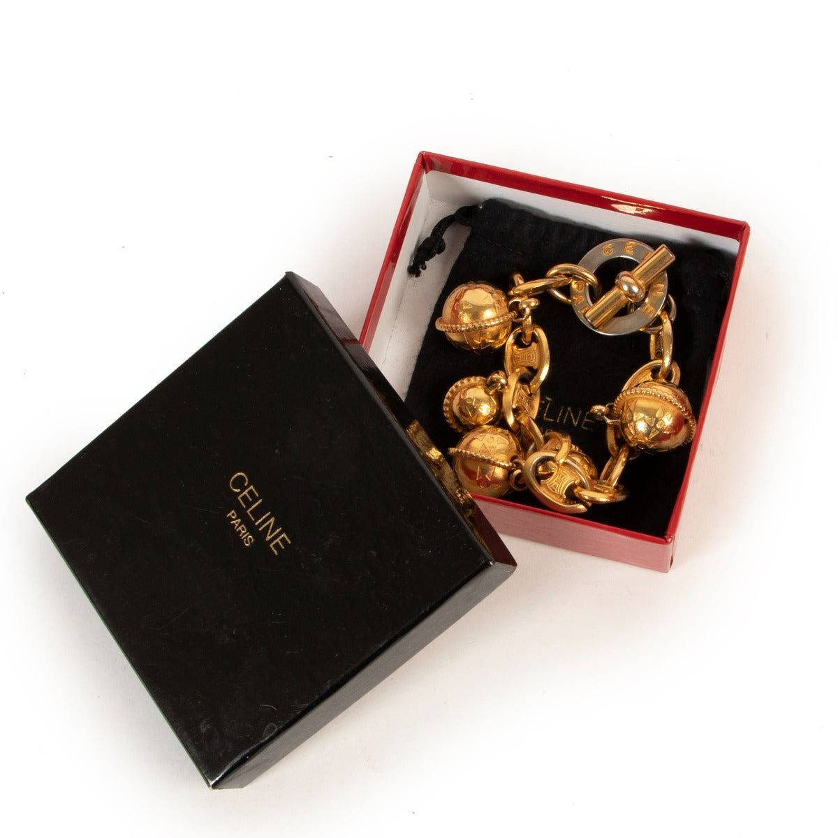 Shop authentic second hand luxury designer Celine Vintage 1990 Gold-tone Macadam Triomphe Planisphere Charm Bracelet at Labellov