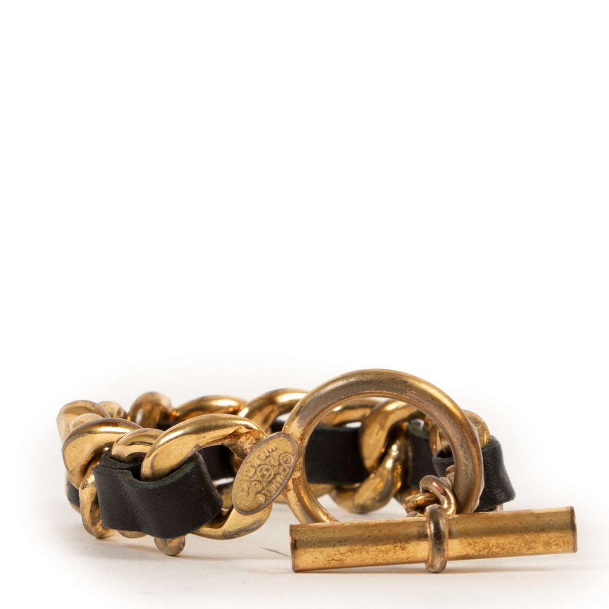 Shop authentic second hand luxury high end designer Chanel Vintage Black Leather Gold Chain Bracelet at Labellov