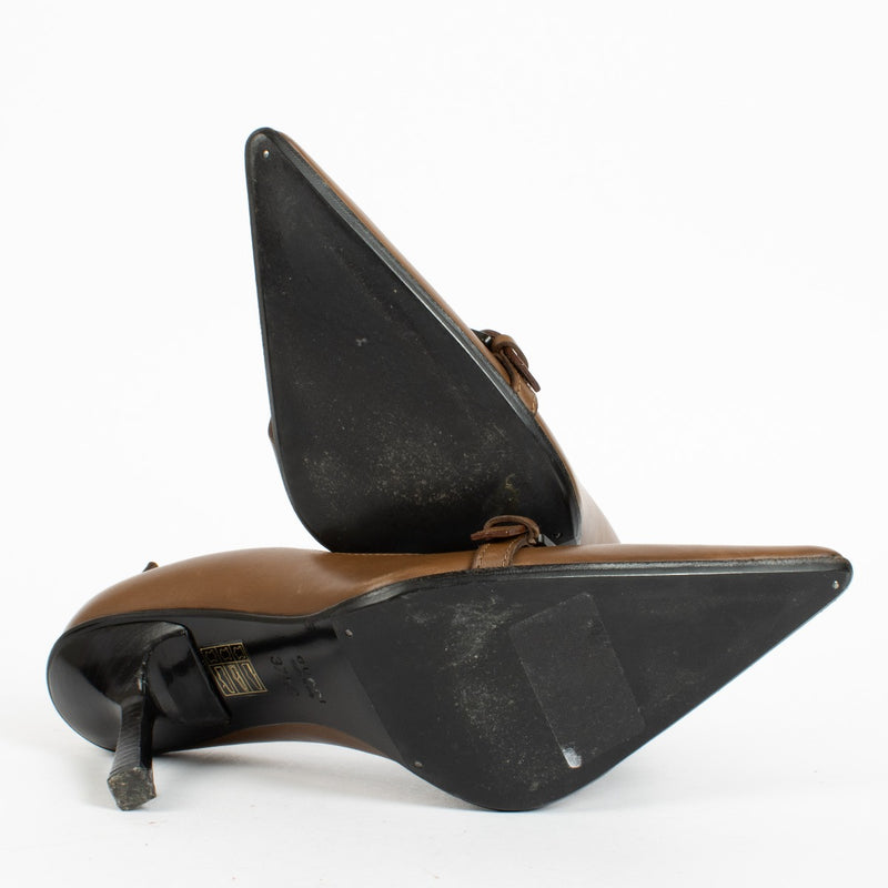 Authentic pre-loved Gucci Brown Leather Buckle Pointy-Toe Pumps — Size 37.5 on Labellov.com