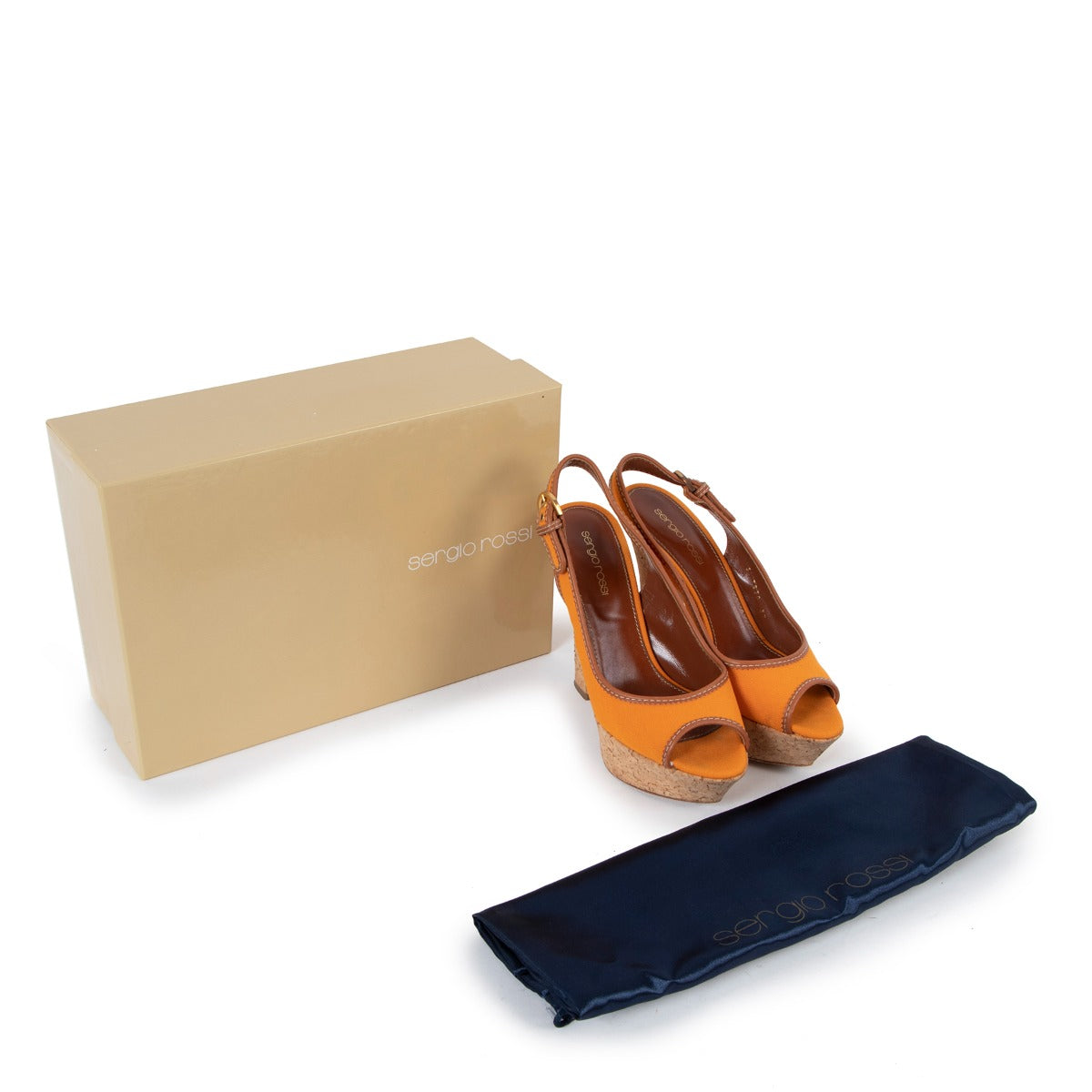 Sergio Rossi Orange Slingback Cork Platform Sandals