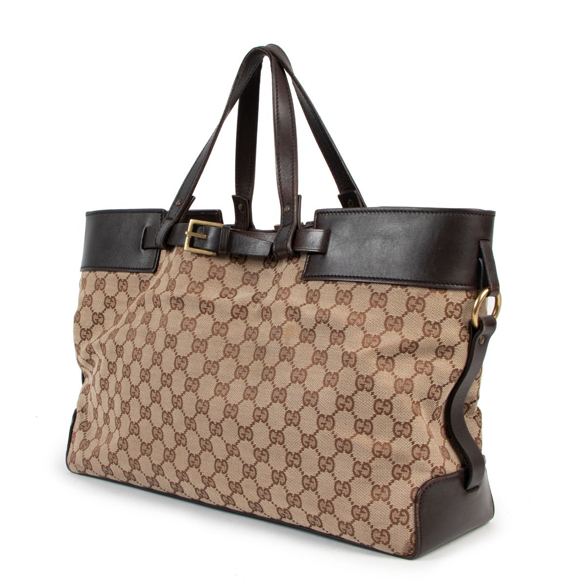 Buy authentic second hand Gucci Brown GG Canvas Belted Tote Bag in good condition at Labellov in Antwerp.