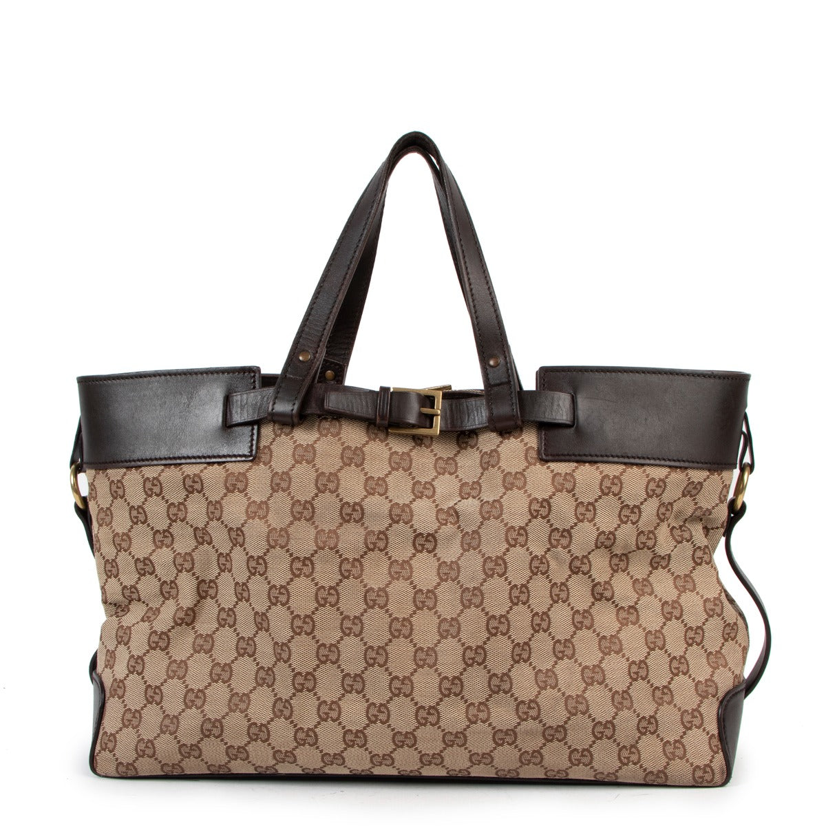 Buy authentic second hand Gucci Brown GG Canvas Belted Tote Bag in good condition at Labellov in Antwerp.
