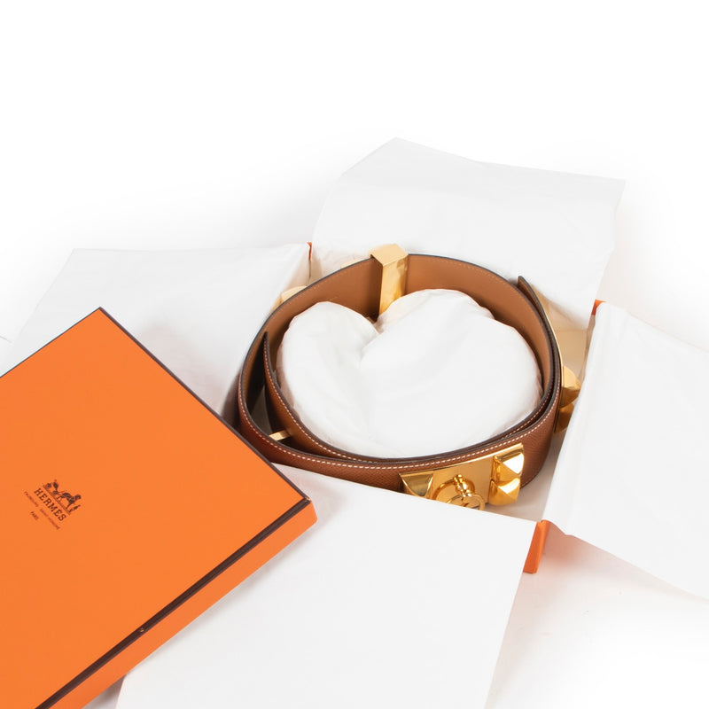 Buy an authentic second hand Hermès Gold Collier de Chien Belt - Size 80 in very good condition at Labellov.