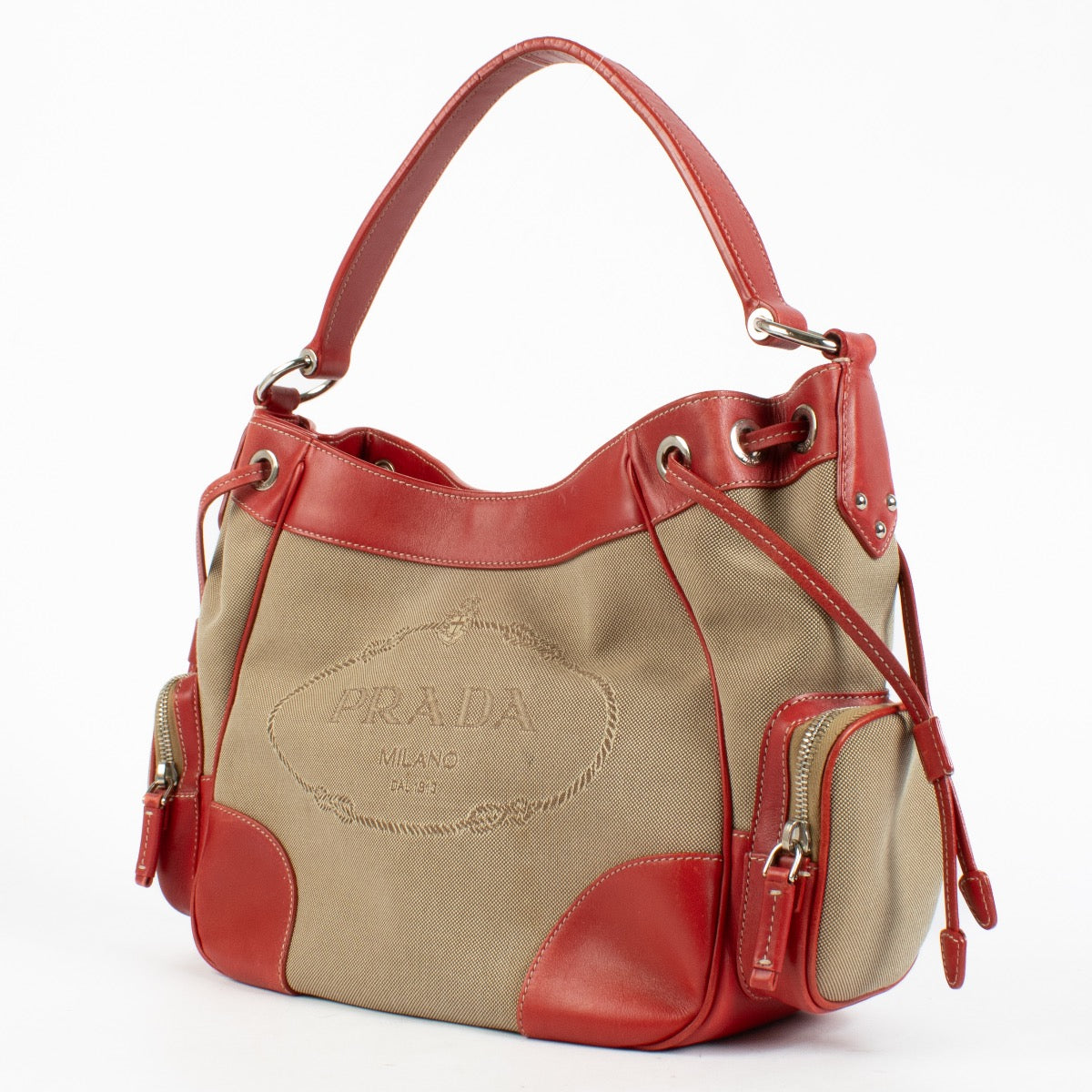 shop 100% authentic second hand Prada Red Logo Jacquard Canvas Bag on Labellov.com