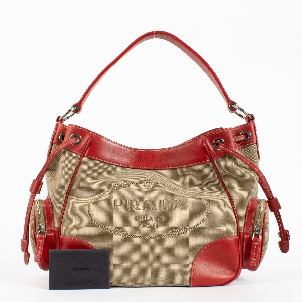 shop 100% authentic second hand Prada Red Logo Jacquard Canvas Bag on Labellov.com