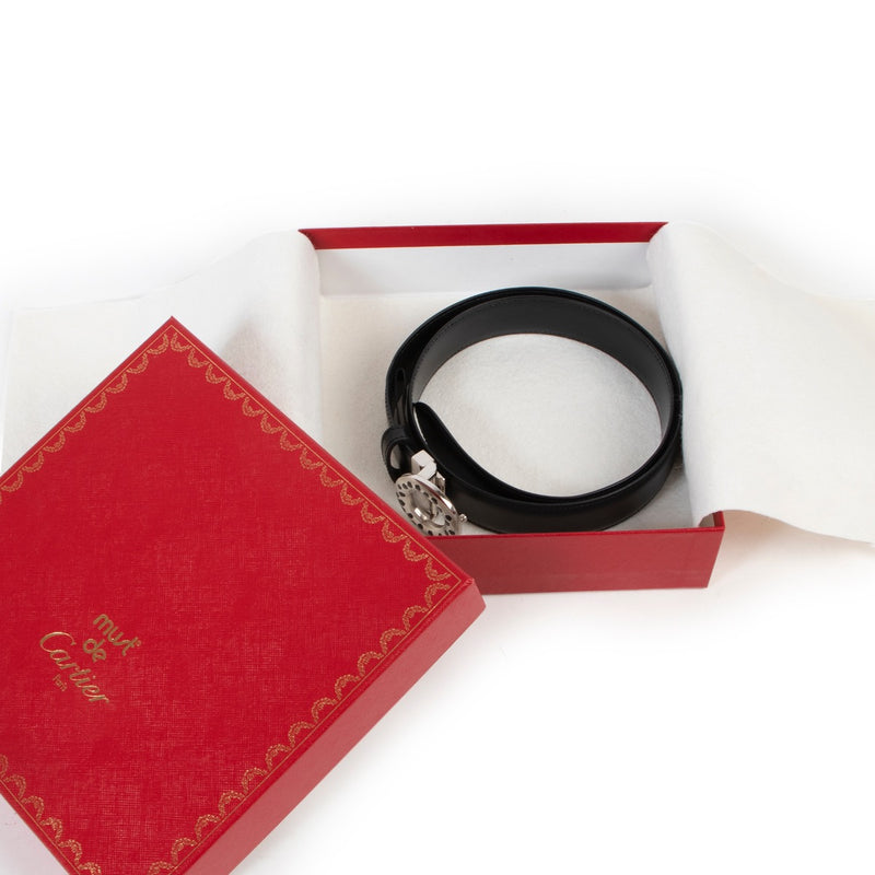 Buy an authentic second hand Must de Cartier Ring Buckle Black Leather Belt - Size 80 in very good condition at Labellov