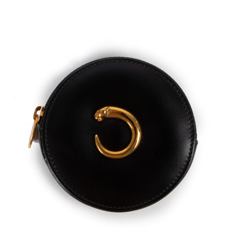 Buy an authentic second hand Cartier Black Leather Le Panthère de Cartier Round Coin Wallet as new condition at Labellov