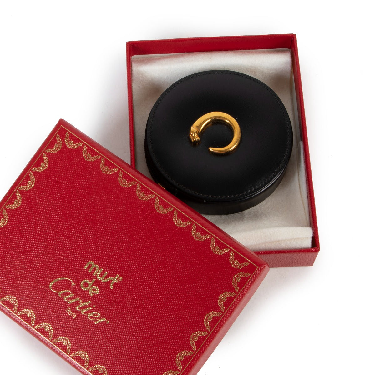 Buy an authentic second hand Cartier Black Leather Le Panthère de Cartier Round Coin Wallet as new condition at Labellov