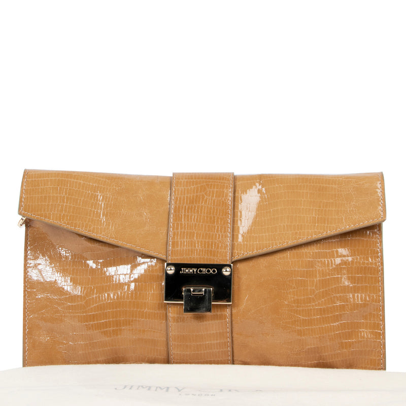 Jimmy Choo Beige Glanzende Clutch met Hagedis-effect en Band