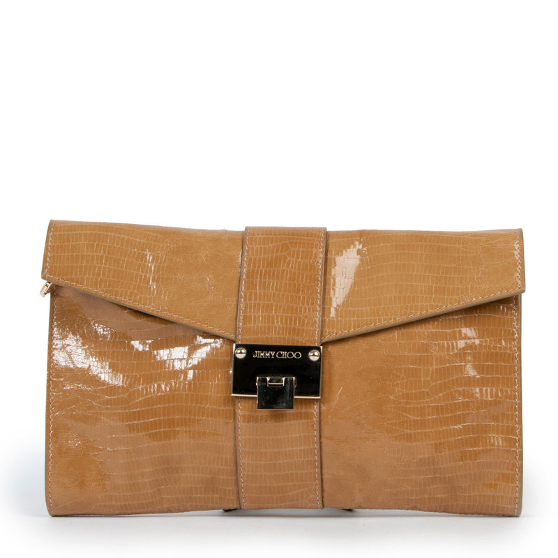 Jimmy Choo Beige Glanzende Clutch met Hagedis-effect en Band