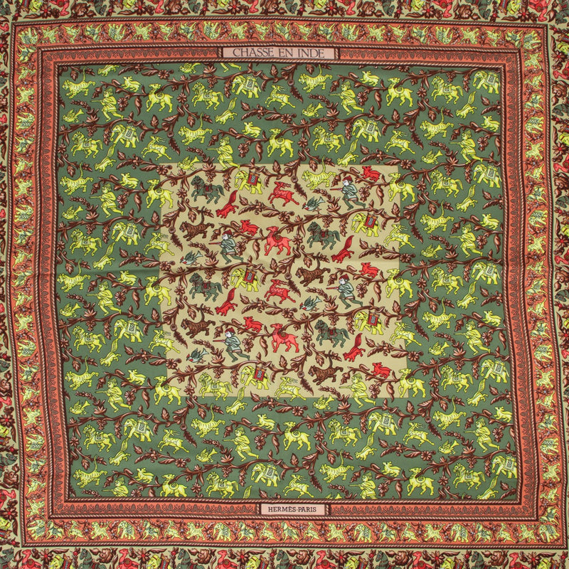 Shop online authentic vintage designer luxury Hermès Green Chasse En Inde Silk Carré Scarf at Labellov