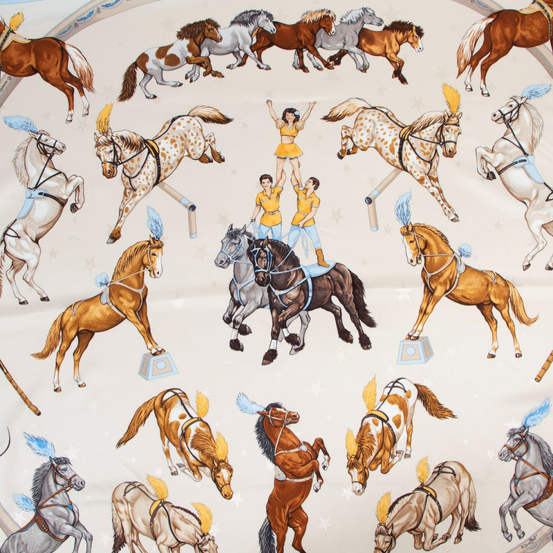 Shop authentic second hand Hermès Blue En Piste Carré 90 Silk Scarf at Labellov