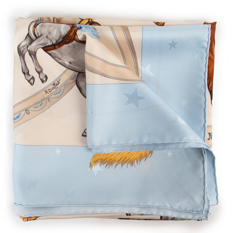 Shop authentic second hand Hermès Blue En Piste Carré 90 Silk Scarf at Labellov