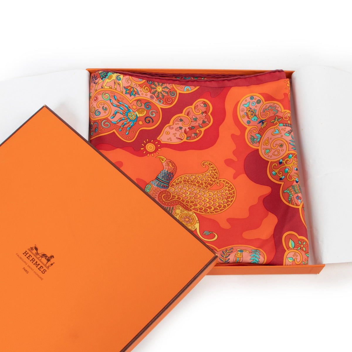 Shop authentic second hand luxury designer Hermès Red Nuées Imaginaires 2011 Silk Carré 90 Scarf at Labellov