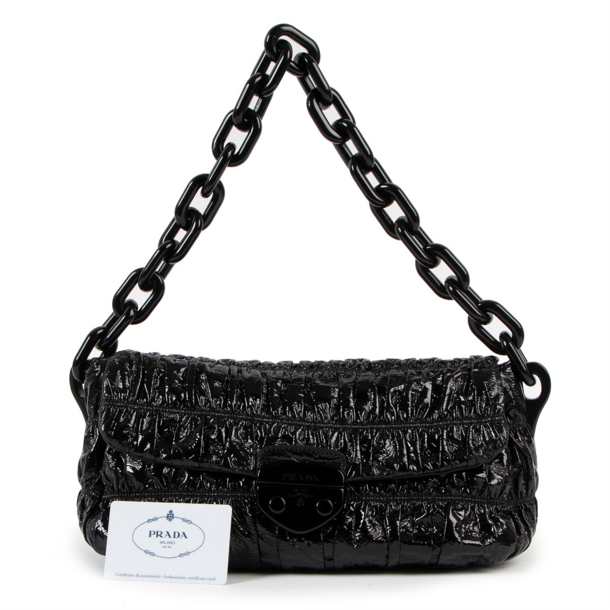 Authentic second hand Prada Black Vernice Gaufre Chain Shoulder Bag BR4050 at Labellov