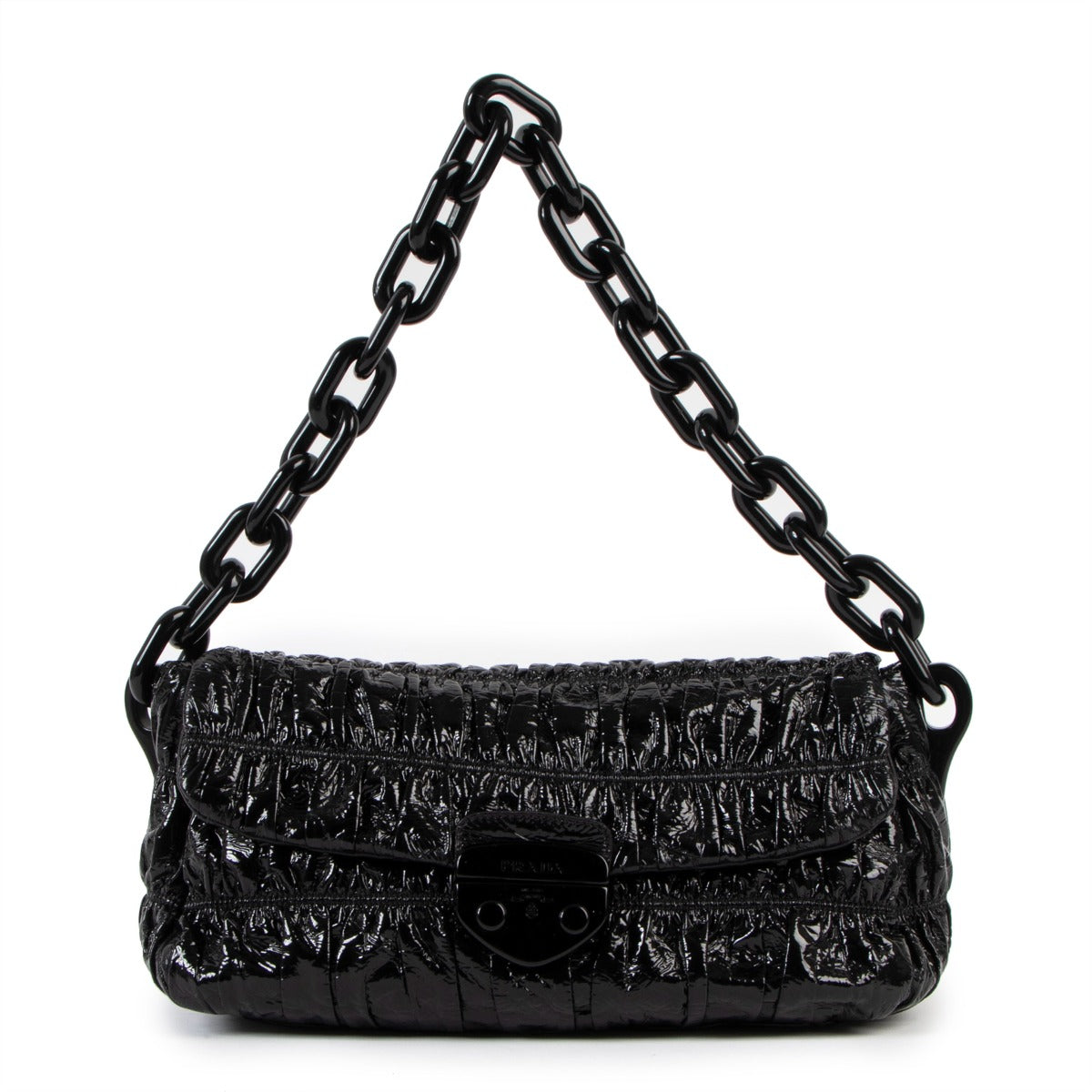 Authentic second hand Prada Black Vernice Gaufre Chain Shoulder Bag BR4050 at Labellov