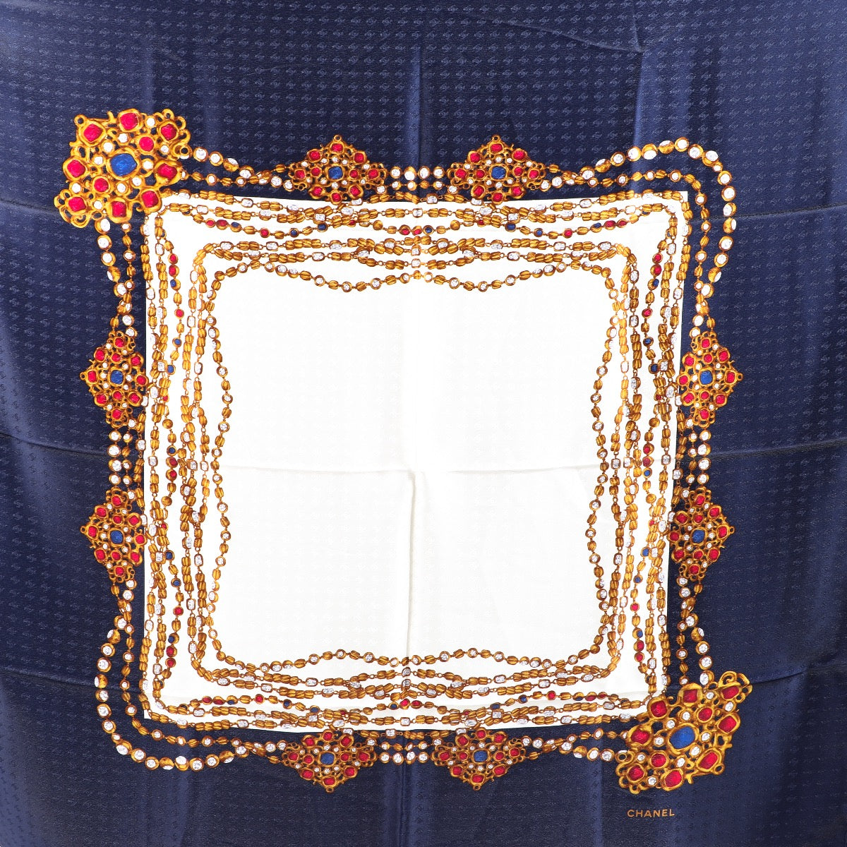 Buy an authentic Chanel Carré Blue Jewellery Silk Scarf in very good condition at Labellov in Antwerp.