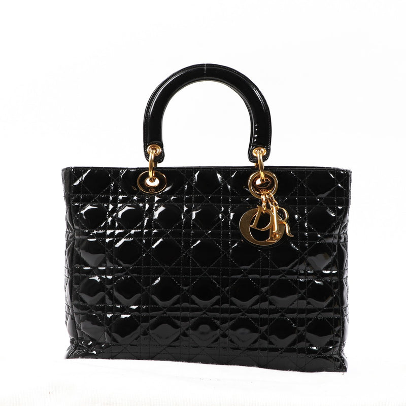 Buy an authentic second-hand Christian Dior Black Patent Calfskin Leather Lady Dior Top Handle Bag in very good condition at Labellov in Antwerp.