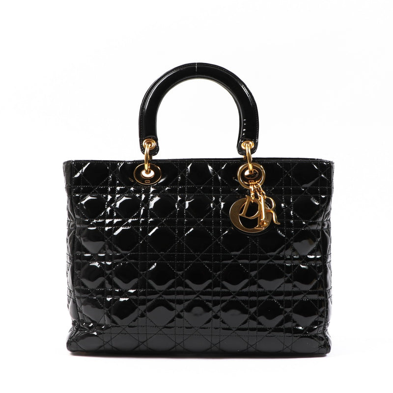 Buy an authentic second-hand Christian Dior Black Patent Calfskin Leather Lady Dior Top Handle Bag in very good condition at Labellov in Antwerp.