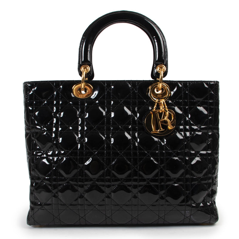 Buy an authentic second hand Christian Dior Lady Dior Black Patent Leather Top Handle in very good condition at Labellov