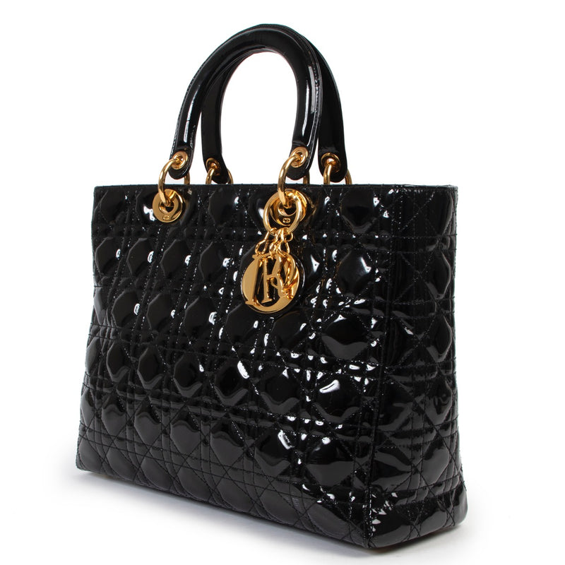 Buy an authentic second hand Christian Dior Lady Dior Black Patent Leather Top Handle in very good condition at Labellov