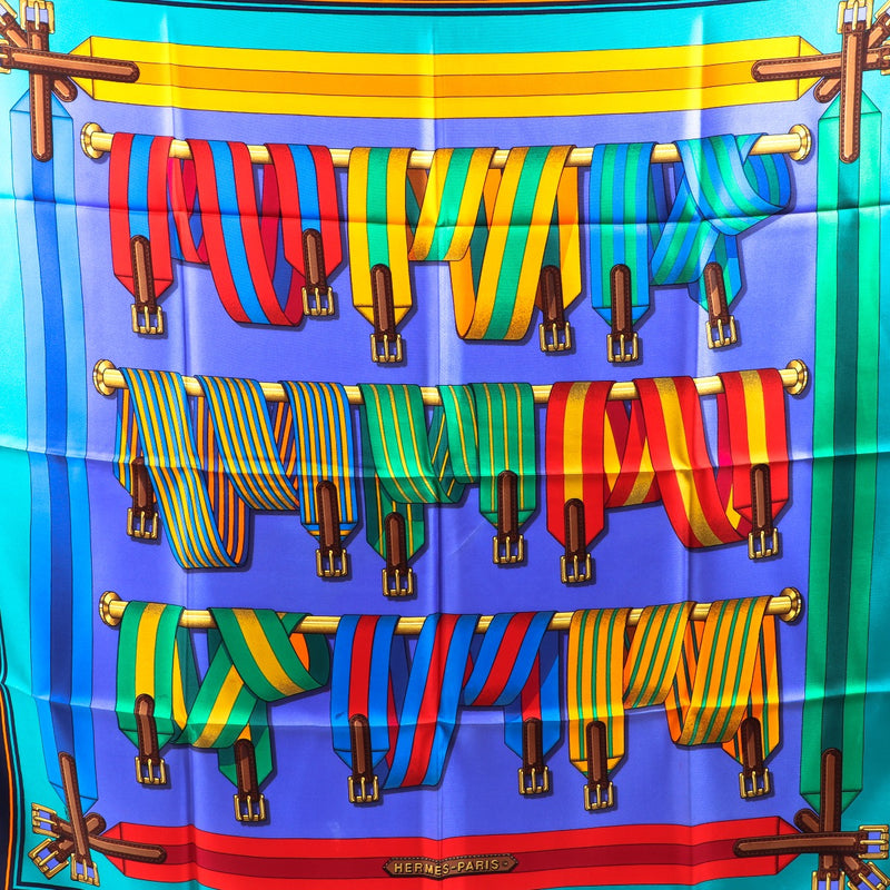 Buy an authentic Hermès Blue Carré Les Sangles Finess Silk Scarf in excellent condition at Labellov in Antwerp.