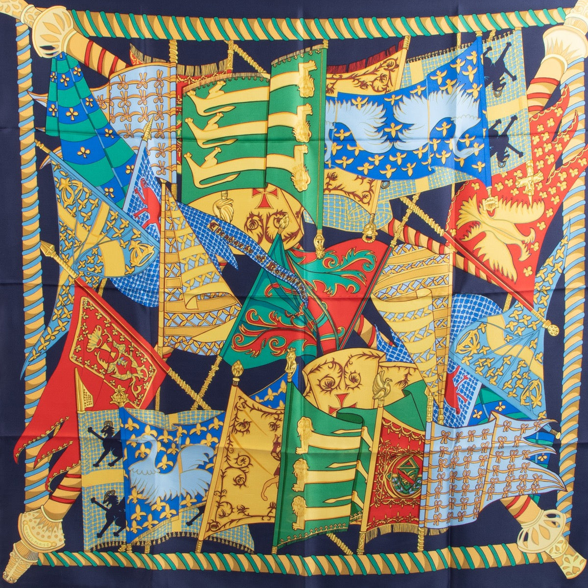 Shop safe online at Labellov in Antwerp, Brussels and Knokke this 100% authentic second hand Hermès Multicolor Etendards Et Bonnières Silk Scarf