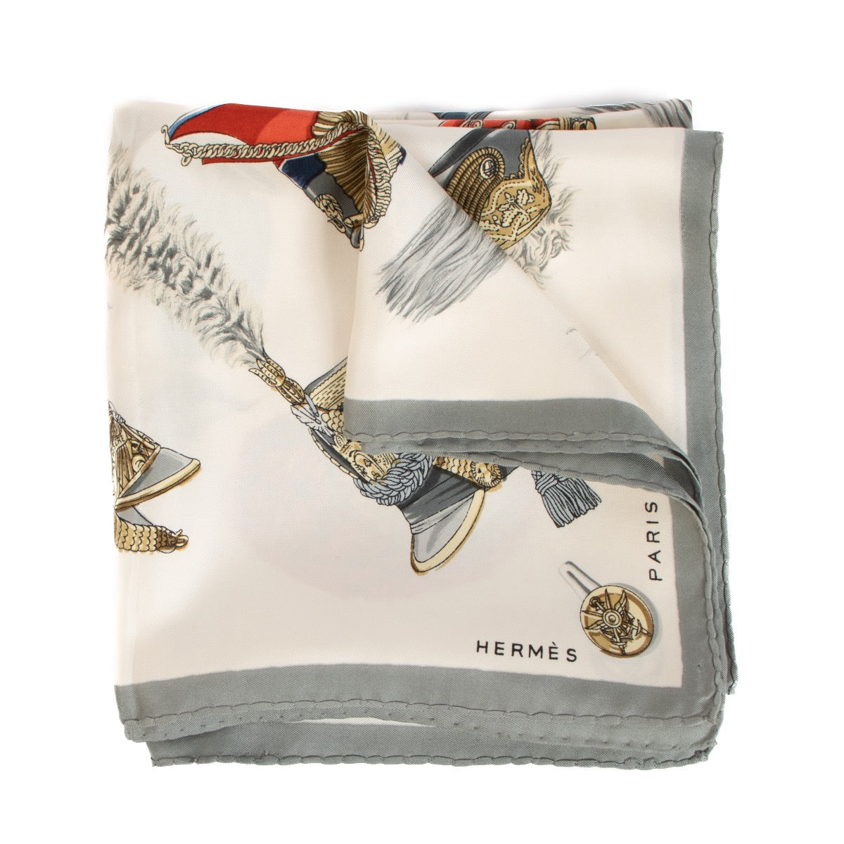 Shop safe online at Labellov in Antwerp, Brussels and Knokke this 100% authentic second hand Hermès Light Grey 'Aincre' Carré 90 Silk Scarf