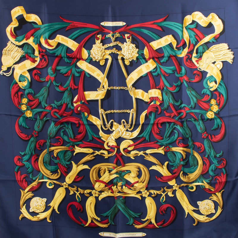 Shop safe online at Labellov in Antwerp, Brussels and Knokke this 100% authentic second hand Hermès Navy Blue Le Mors 'A La Conétable' Silk Scarf