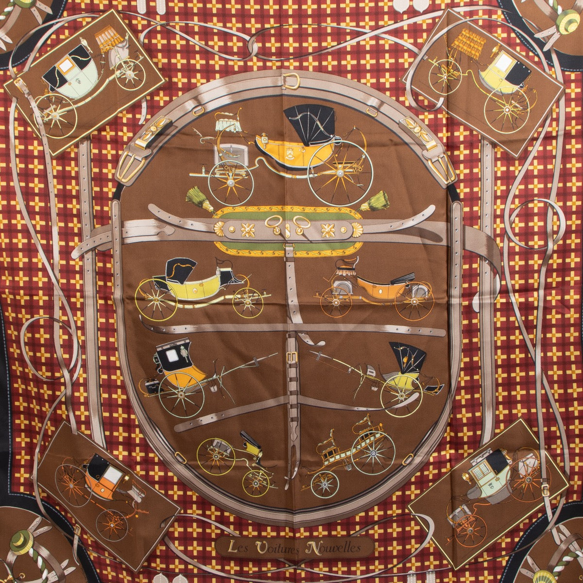 Shop safe online at Labellov in Antwerp, Brussels and Knokke these 100% authentic second hand Hermès Brown Les Voitures Nouvelles Silk Scarf