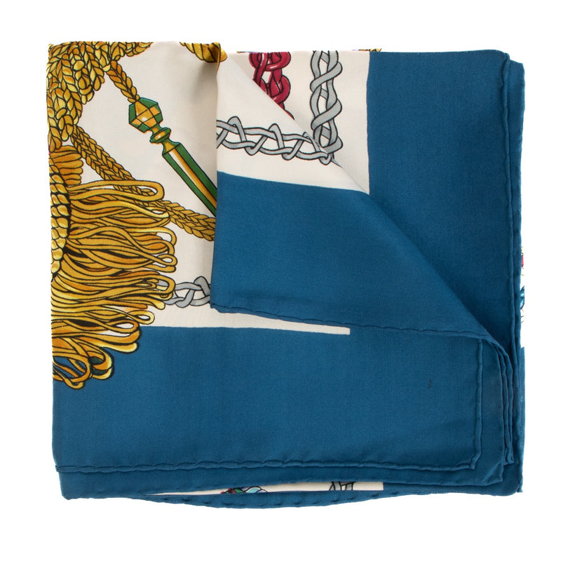 Shop safe online at Labellov in Antwerp, Brussels and Knokke this 100% authentic second hand Hermès Blue 'La Timbalier' Carré 90 Silk Scarf
