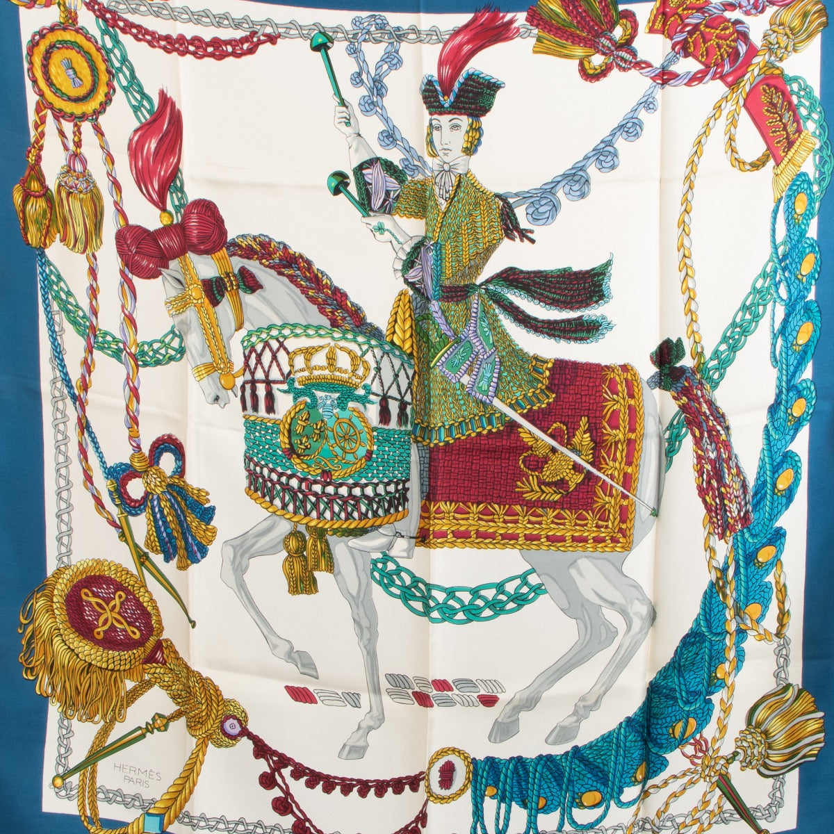 Shop safe online at Labellov in Antwerp, Brussels and Knokke this 100% authentic second hand Hermès Blue 'La Timbalier' Carré 90 Silk Scarf