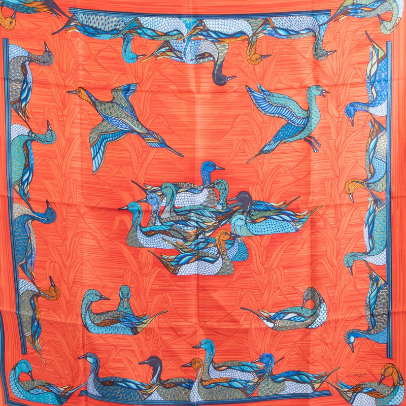 Hermès Orange La Mere aux Canards Carré 90 Silk Scarf